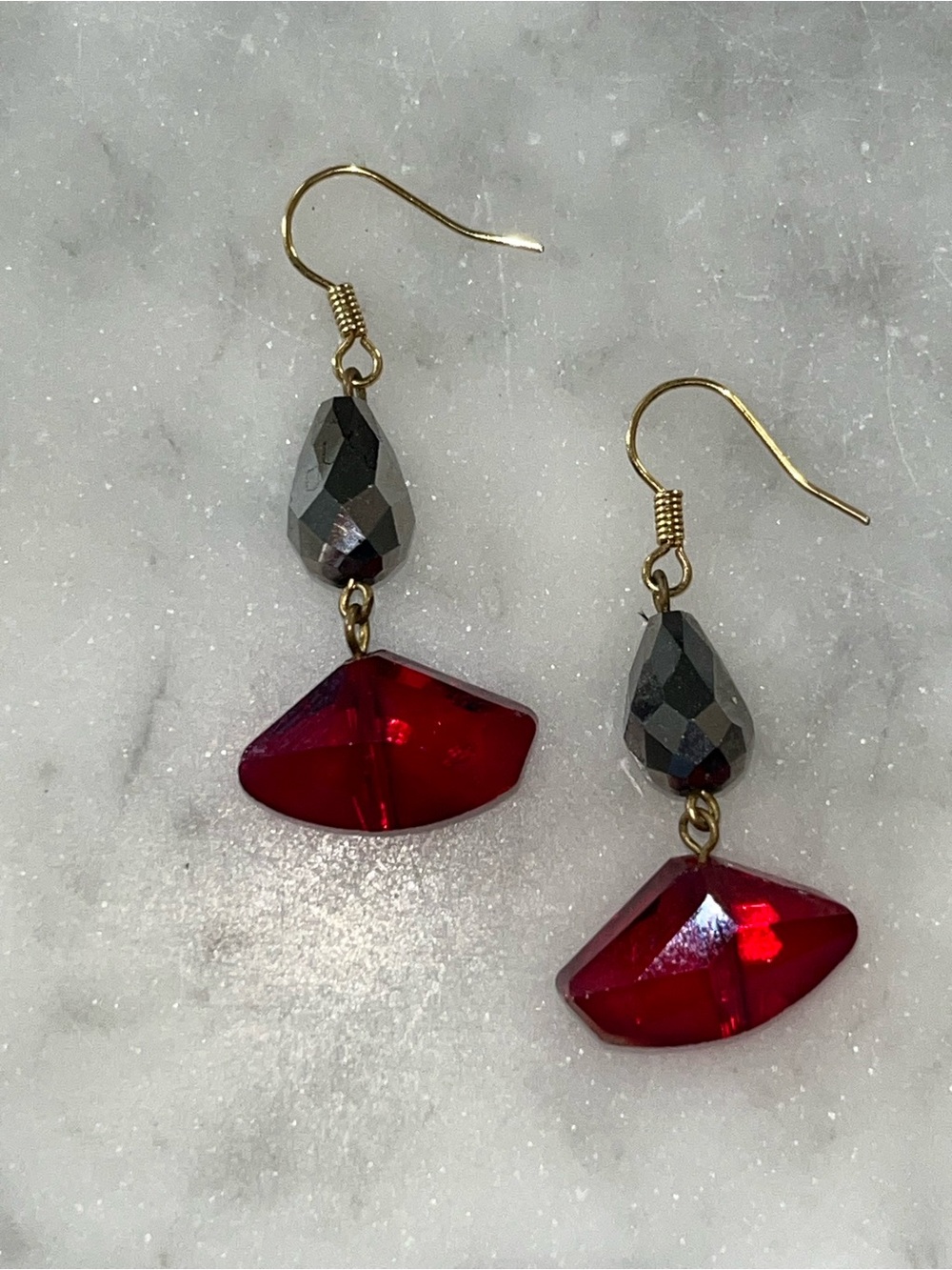 Gold Hook Vintage Y2K Earrings with Hot Pink Red Crystal and Hematite Drops
